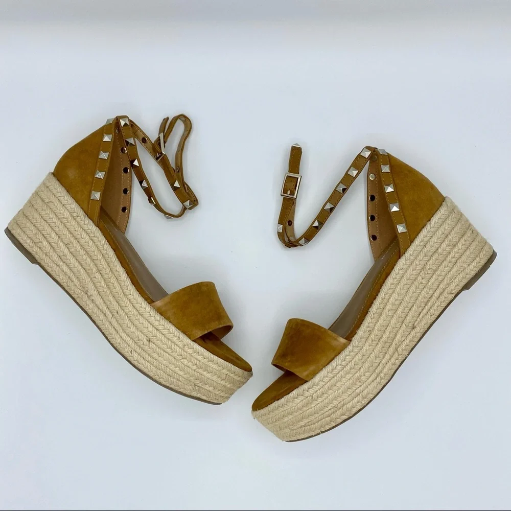 Marc Fisher Light Brown Suede Jazlyn Studded Ankle Strap Espadrille Sandal